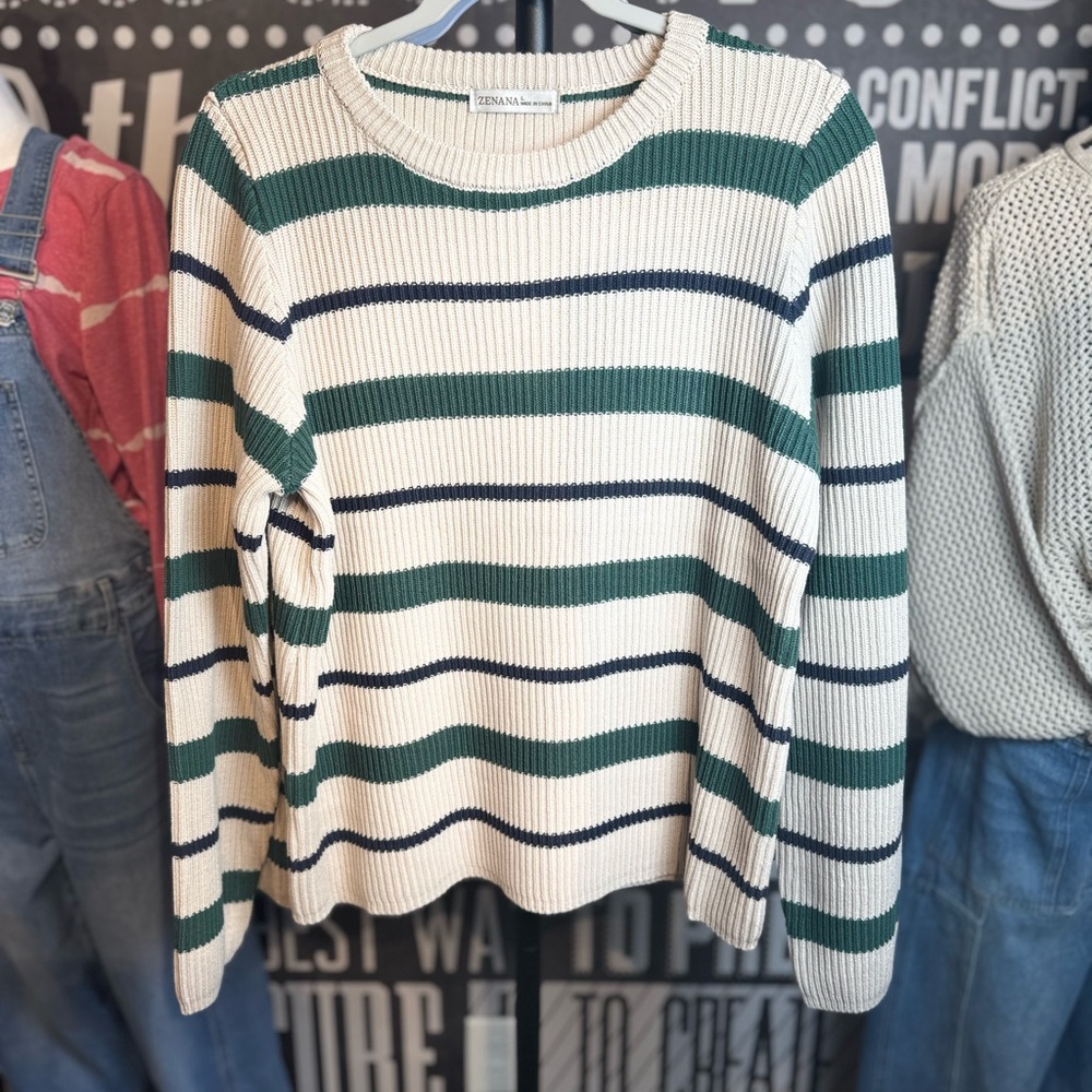 Zenana Outfitters Green and Navy striped Cream Sweater NEW